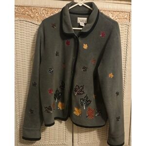 Vtg Christopher & Banks Fall Theme Jacket Women's SZ LG Forest Green Leaves